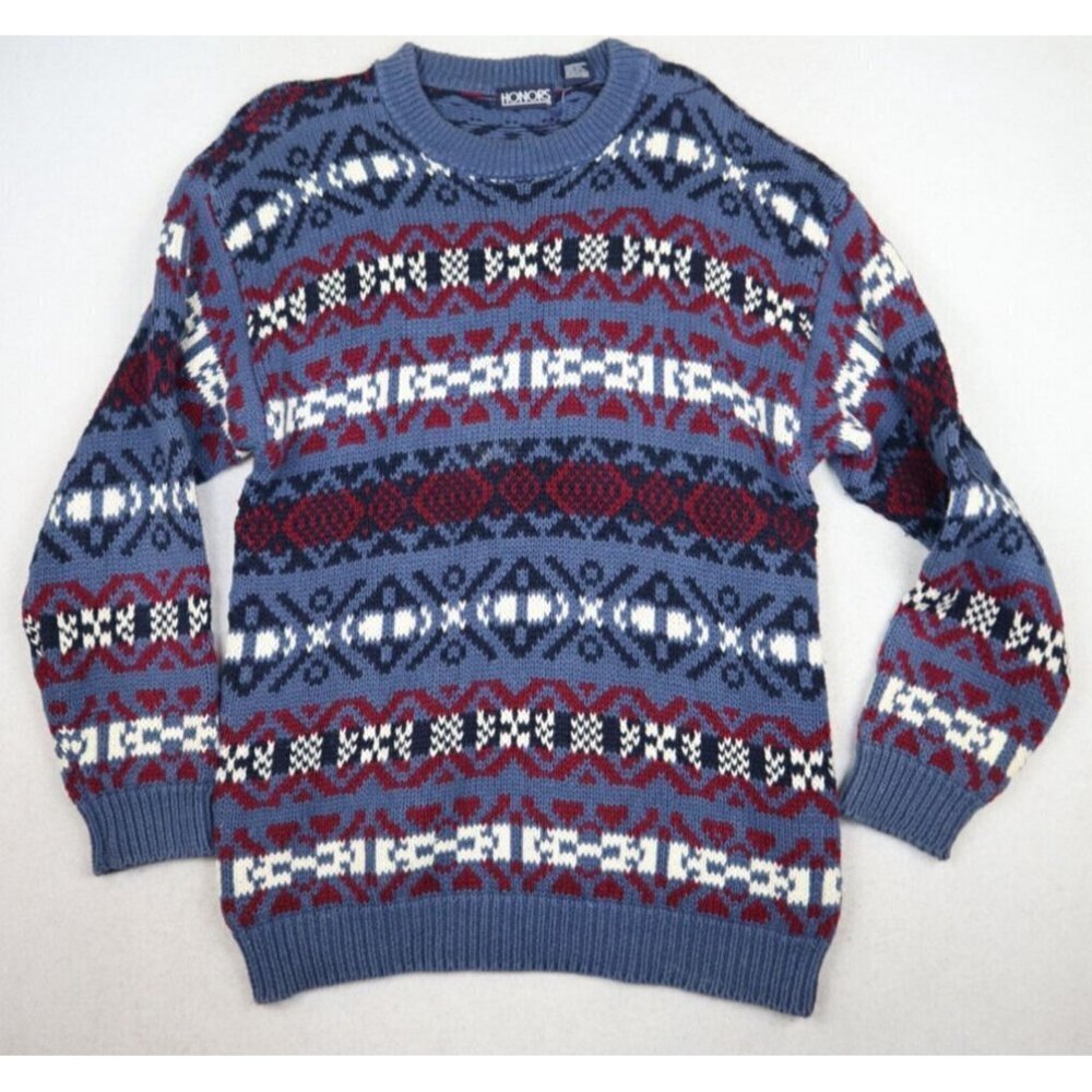 VINTAGE 90s MEN'S BLUE & RED HEAVY KNIT PULLOVER SWEATER - HONORS - SIZE M